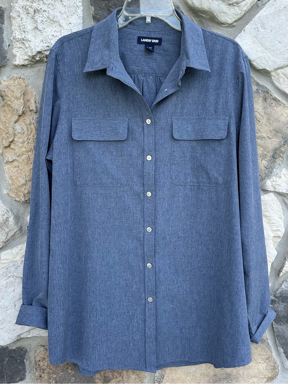 Lands End Button Up Shirt Large TALL Blue Performance Material Beach Outdoor